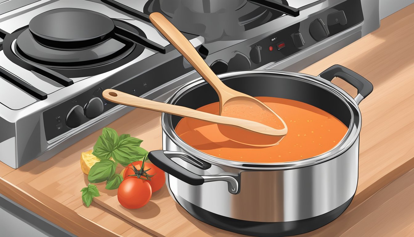 A pot of creamy tomato soup sits on a stovetop, with a wooden spoon stirring to ensure even heating throughout