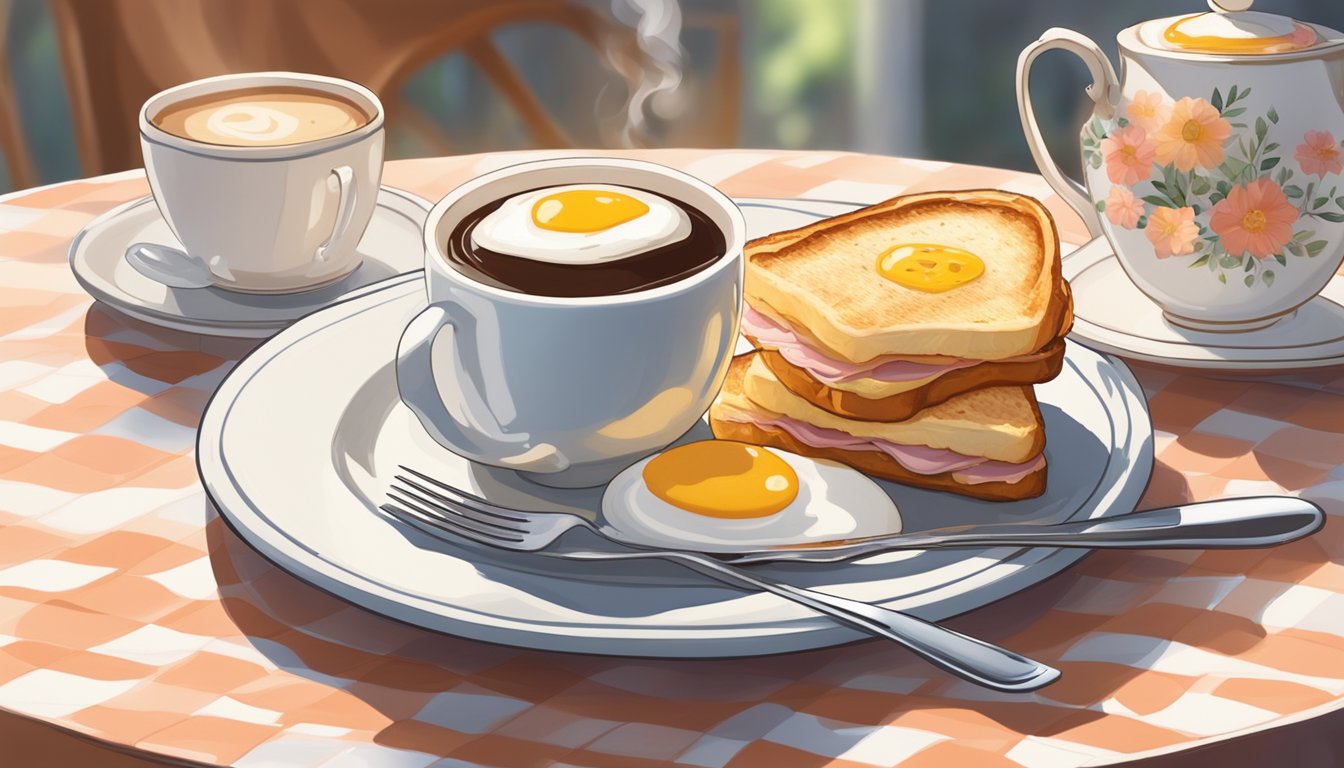 A croque madame sits on a porcelain plate next to a steaming cup of coffee, surrounded by a cozy breakfast setting with a checkered tablecloth and a vase of fresh flowers