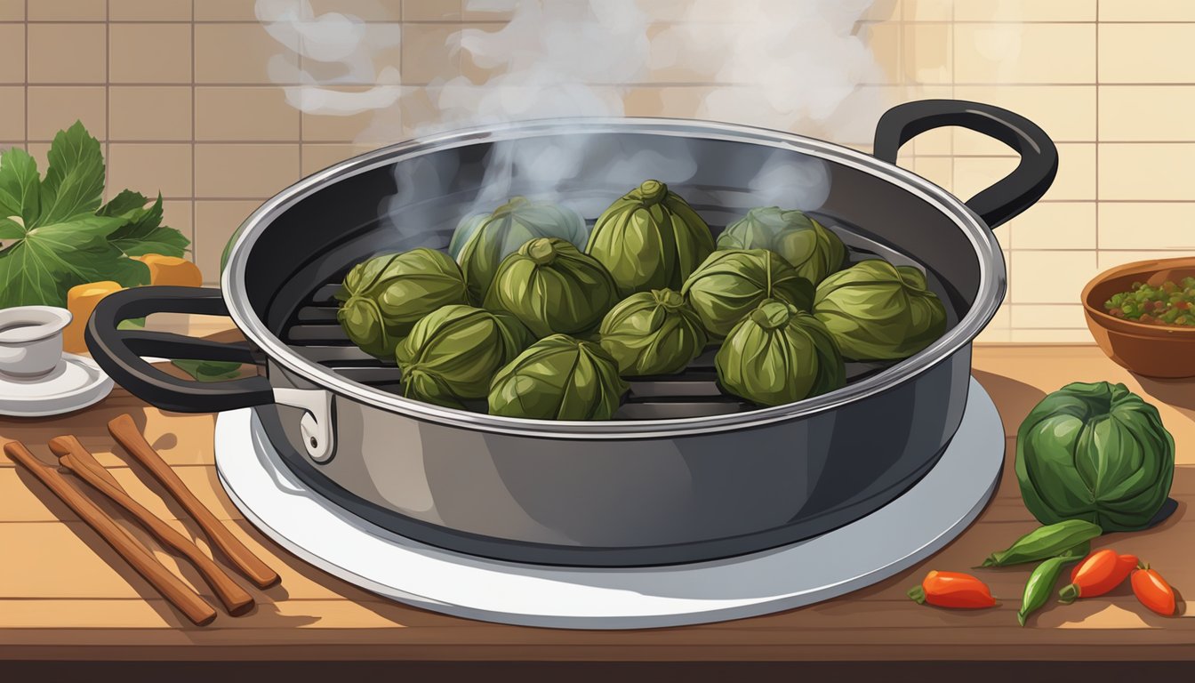 A steaming pot of dolma sits on a stove, surrounded by aromatic steam. A pair of tongs lifts a dolma onto a serving plate