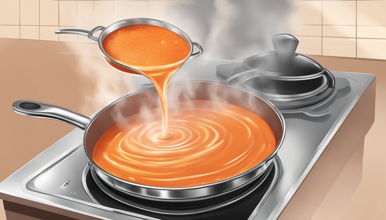 A pot of creamy tomato soup being gently reheated on a stovetop, steam rising from the surface as a spoon stirs the rich, red liquid