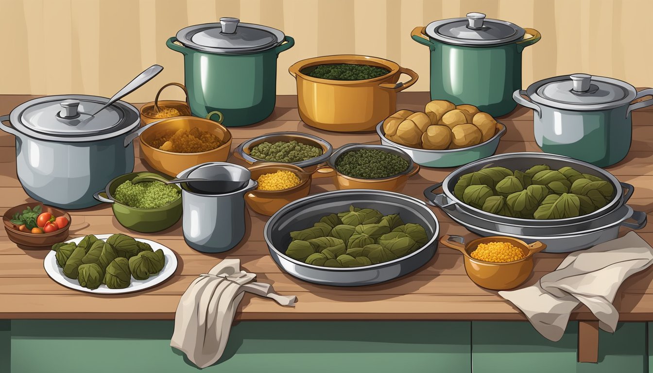 A table with various dolma fillings surrounded by pots and pans for reheating