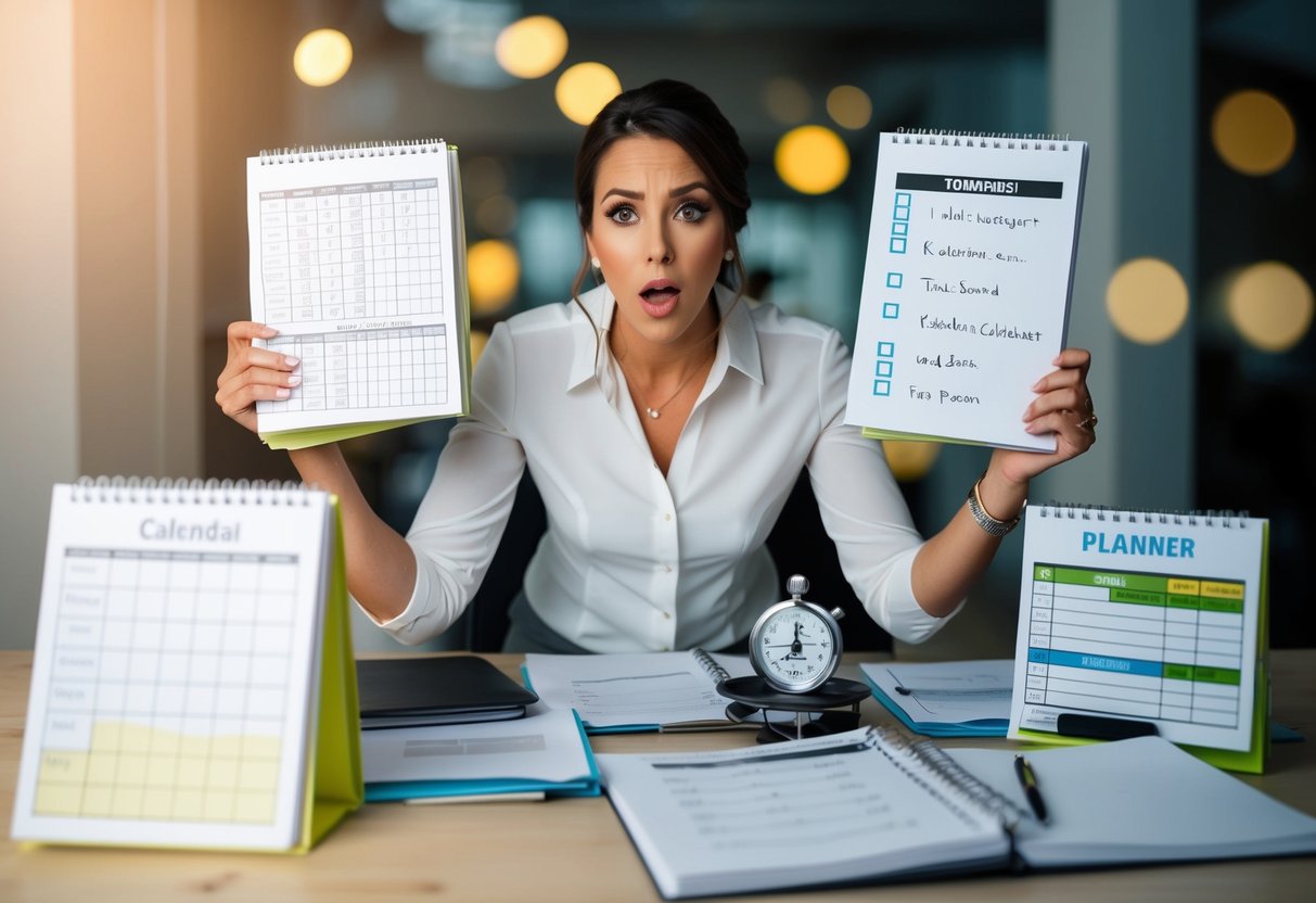 A bustling wedding planner surrounded by calendars, checklists, and a stopwatch, with a look of determination and urgency on their face