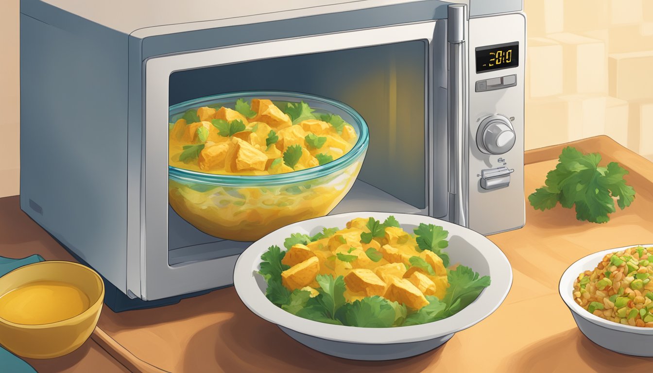 A bowl of curried chicken salad being gently warmed in a microwave