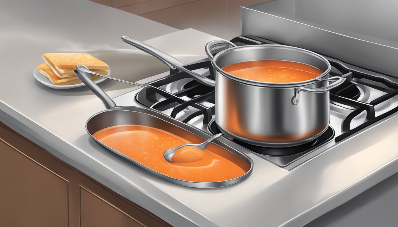 A large pot of creamy tomato soup being gently reheated on a stovetop, with steam rising and a ladle resting on the side