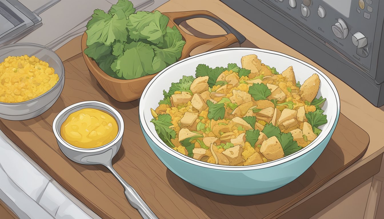 A bowl of curried chicken salad sits on a wooden cutting board next to a microwave. A fork is placed next to the bowl