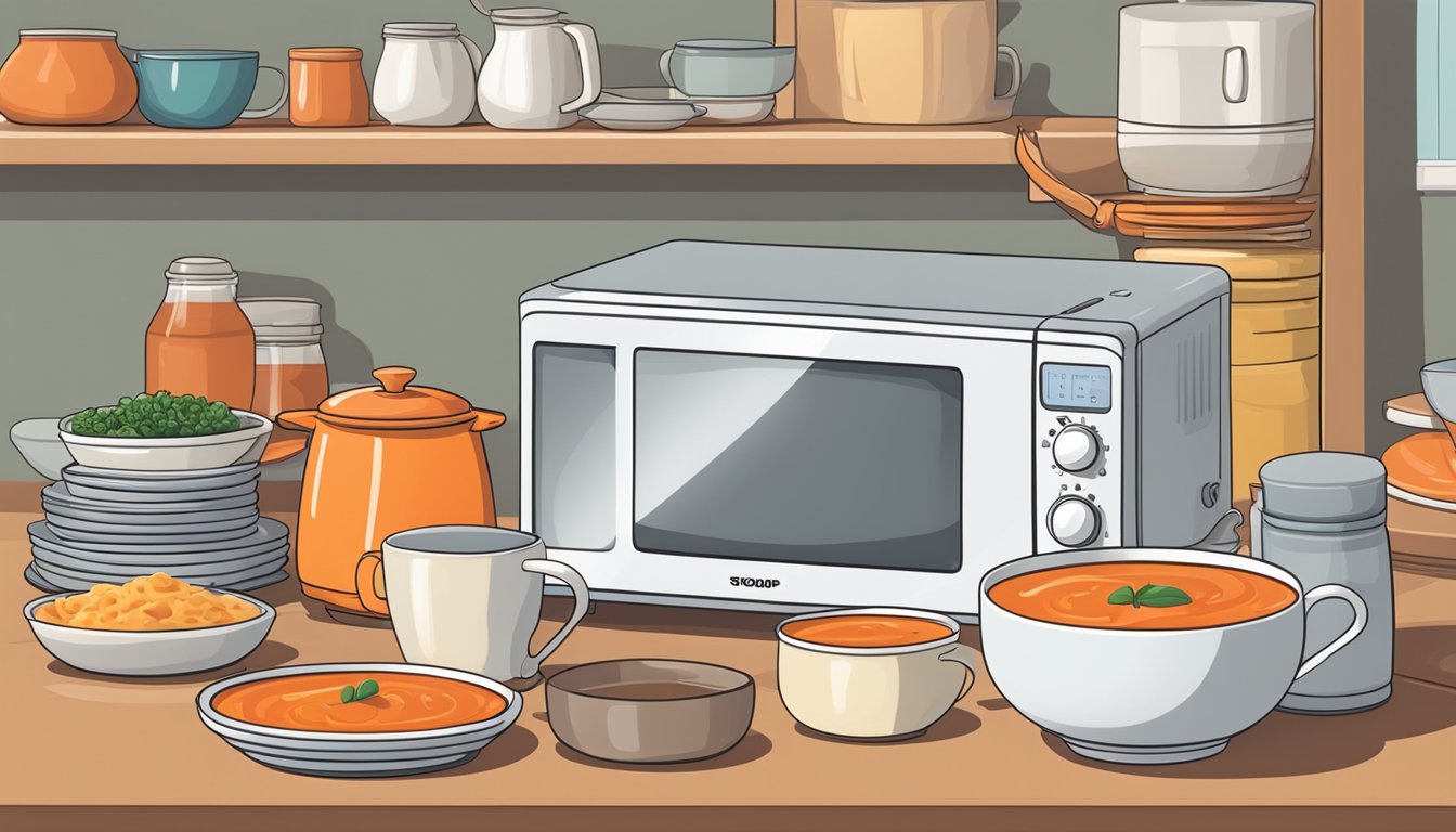 A microwave and a stovetop with a pot of creamy tomato soup inside, surrounded by various alternative containers such as mugs, bowls, and thermoses