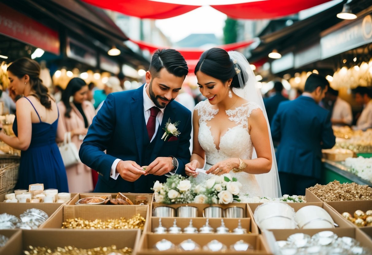 A couple hurriedly selects wedding elements in a bustling market