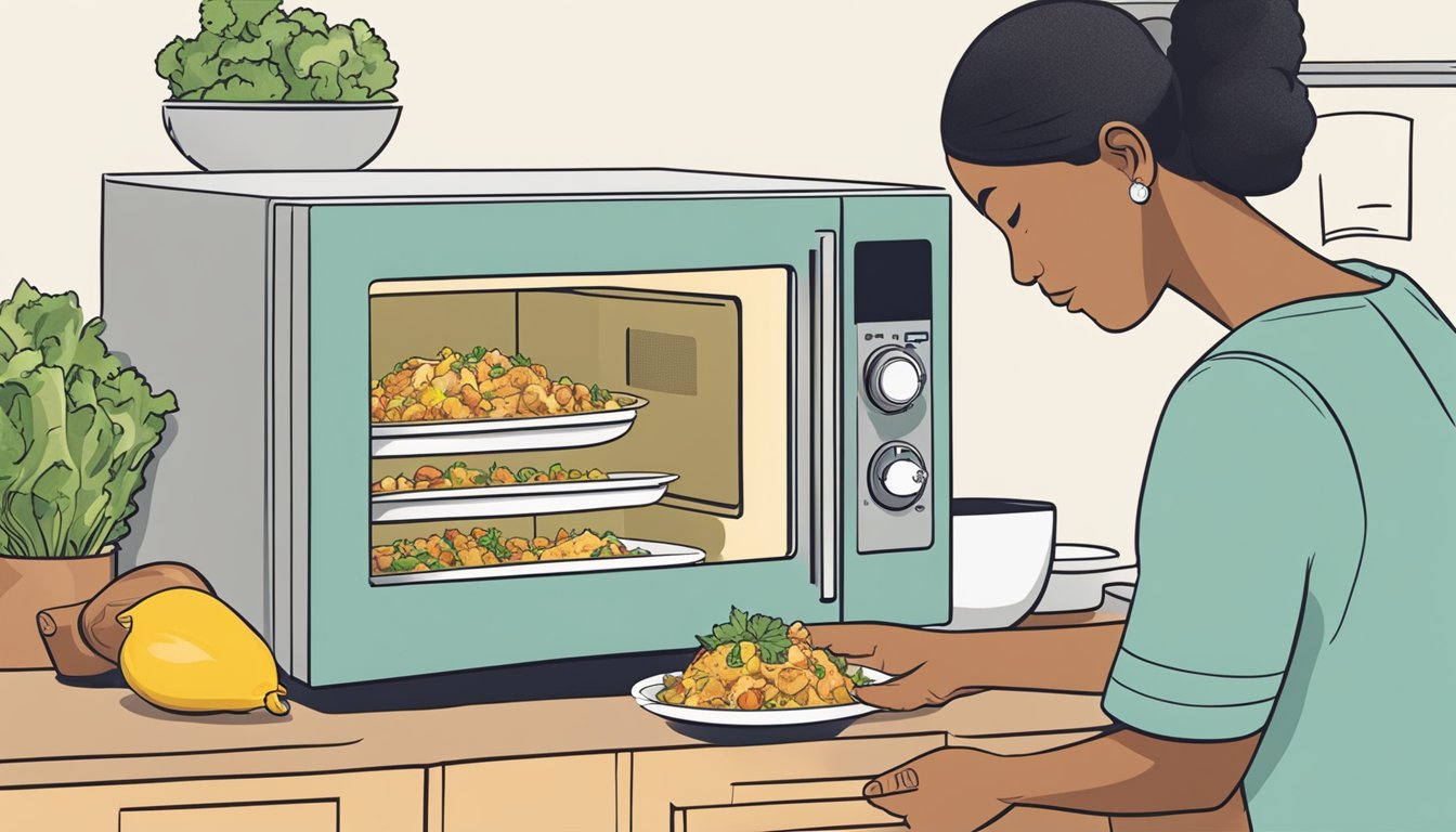 A person placing a container of curried chicken salad into a microwave, setting the timer, and removing it once heated