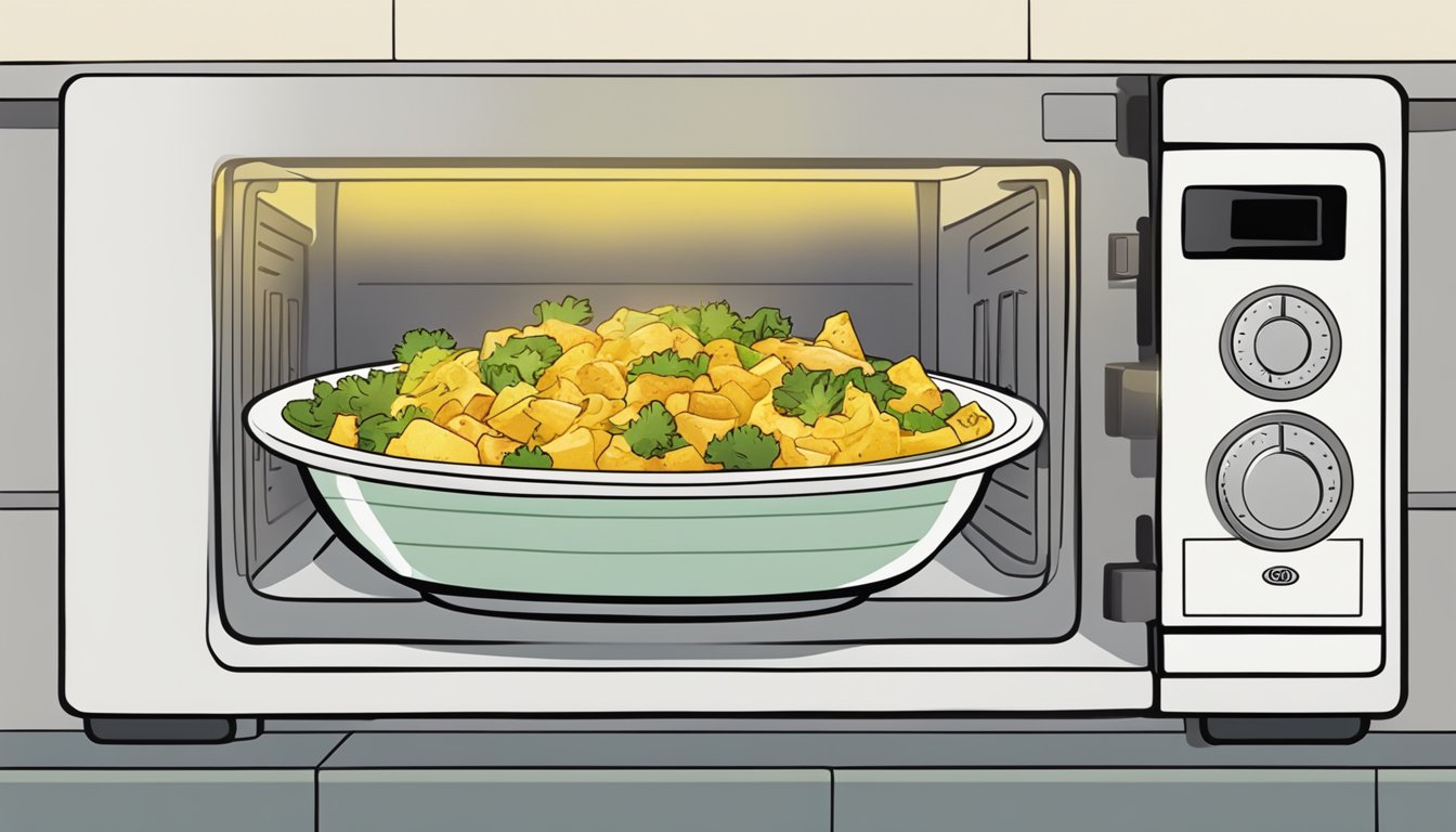 A plate of curried chicken salad being reheated in a microwave