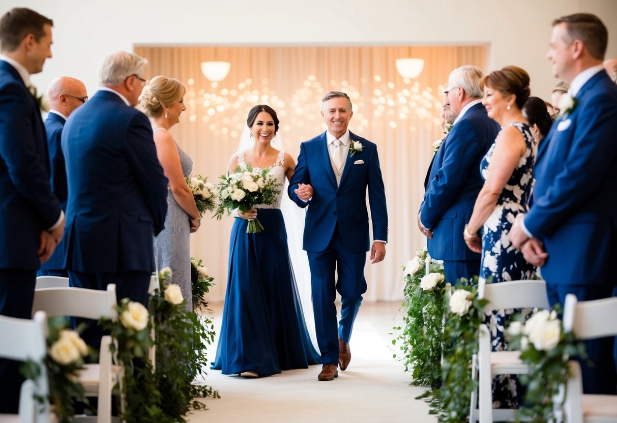 A figure leads the groom's parents down the aisle, guiding them with grace and poise
