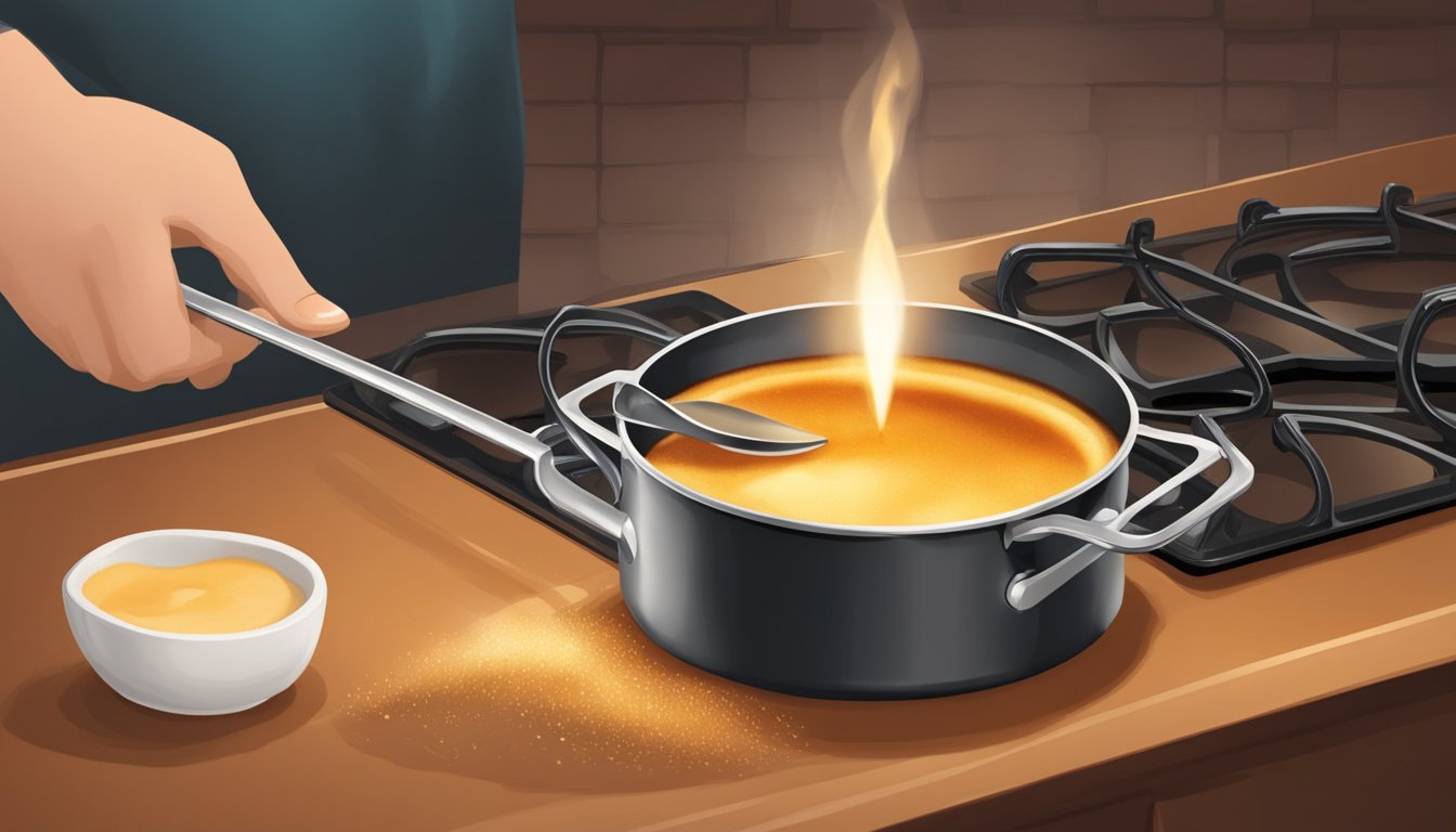 A small kitchen torch caramelizing the sugar on a freshly made creme brulee