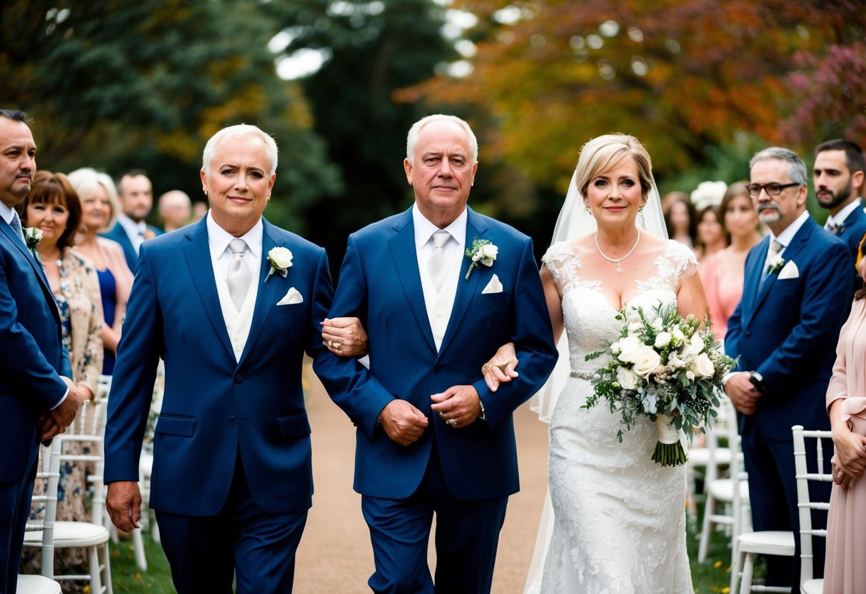The groom's parents walk down the aisle, with the mother on the left and the father on the right, both looking proud and dignified