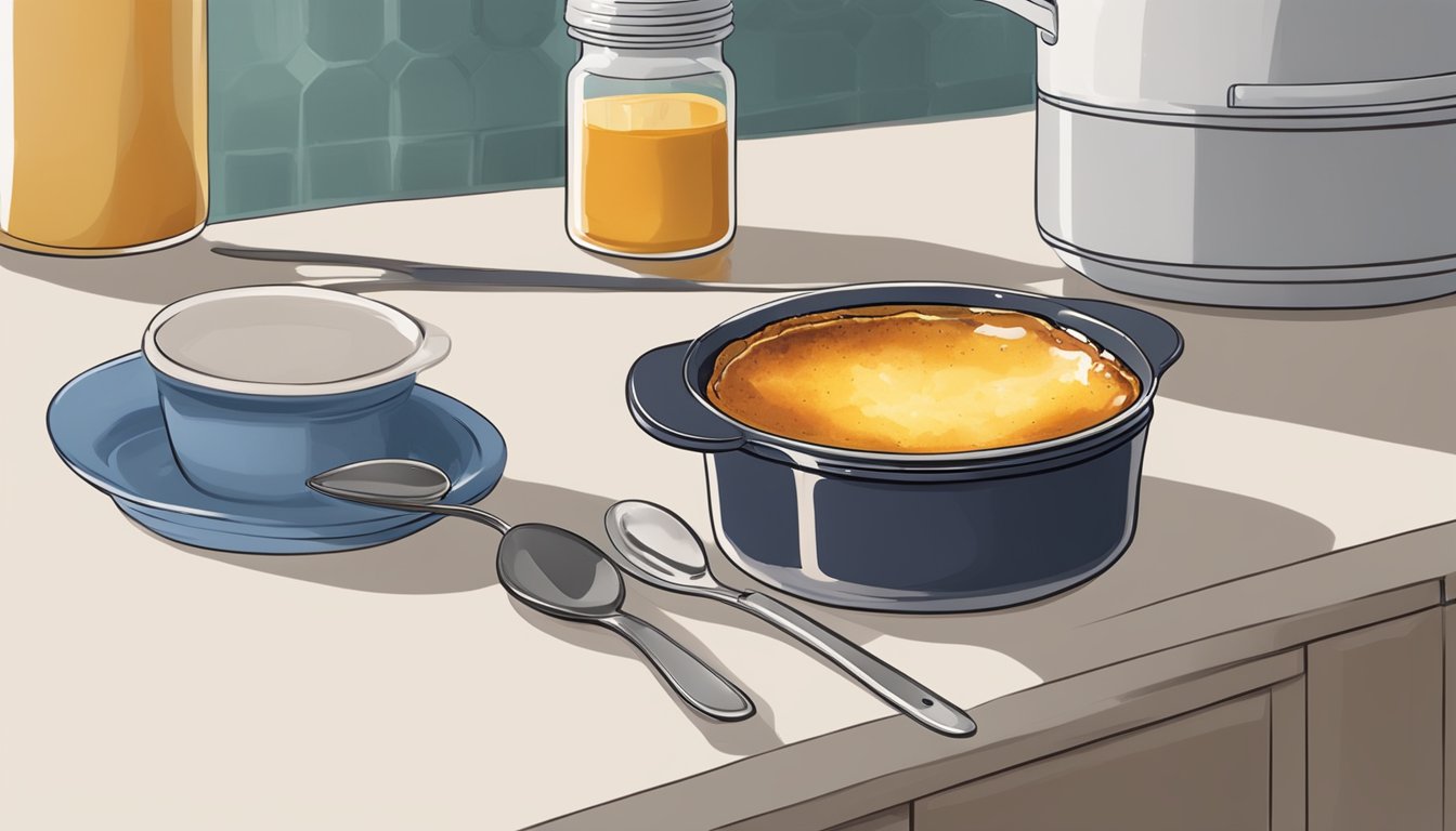 A small ramekin of leftover creme brulee sits on a kitchen counter, next to a small blowtorch and a spoon