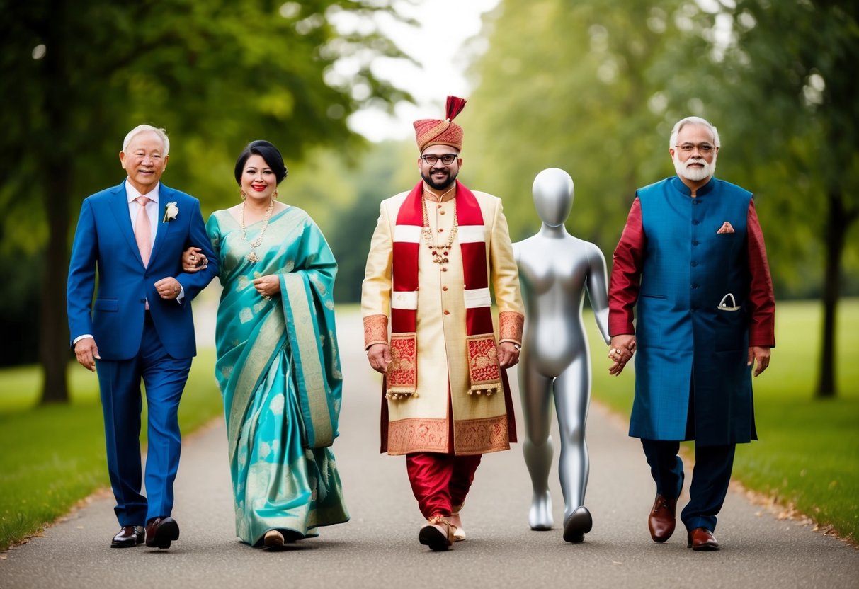 A figure in traditional attire leads the groom's parents, while a modern figure follows, symbolizing the blending of traditional and modern customs