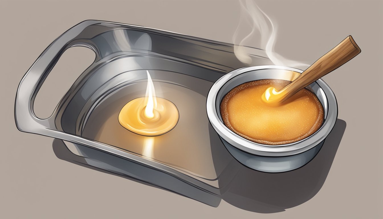 A small kitchen torch caramelizing the sugar on a ramekin of crème brûlée