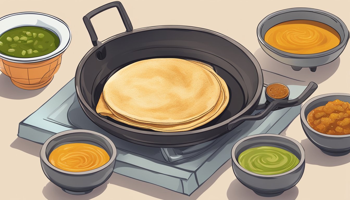 A dosa being reheated on a hot skillet, with a side of chutney and sambar in small bowls beside it