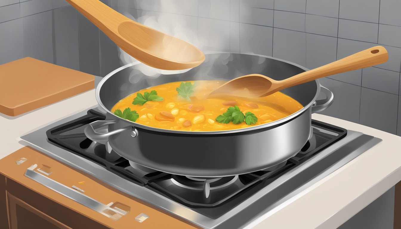 A pot of curry gently heating on a stovetop, with a wooden spoon stirring the sauce to prevent separation