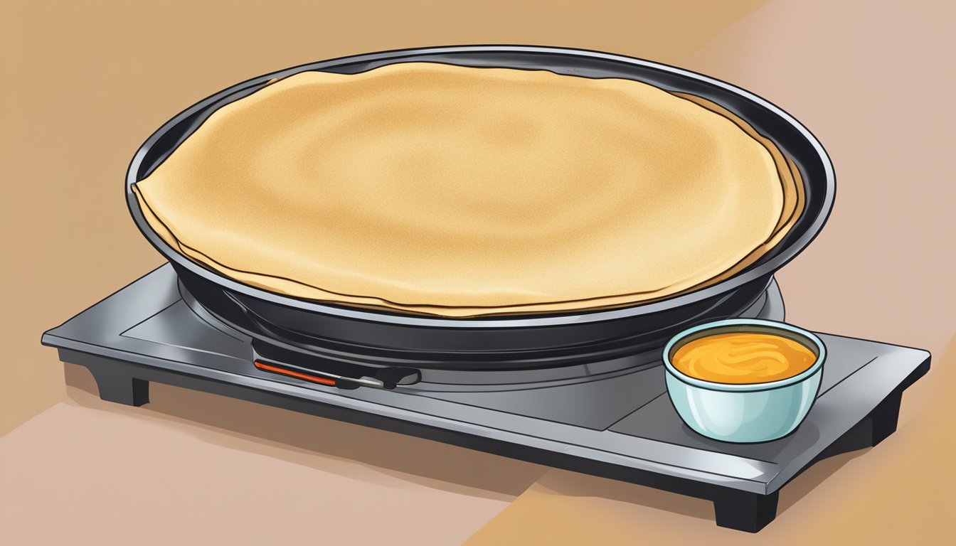 A dosa being reheated on a non-stick pan over a stovetop