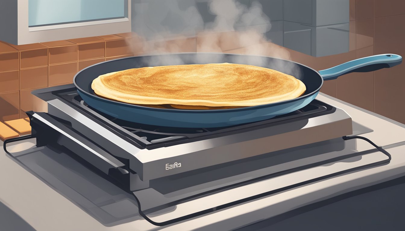 A dosa being reheated on a non-stick pan over a stovetop, with steam rising from the warm, crispy surface