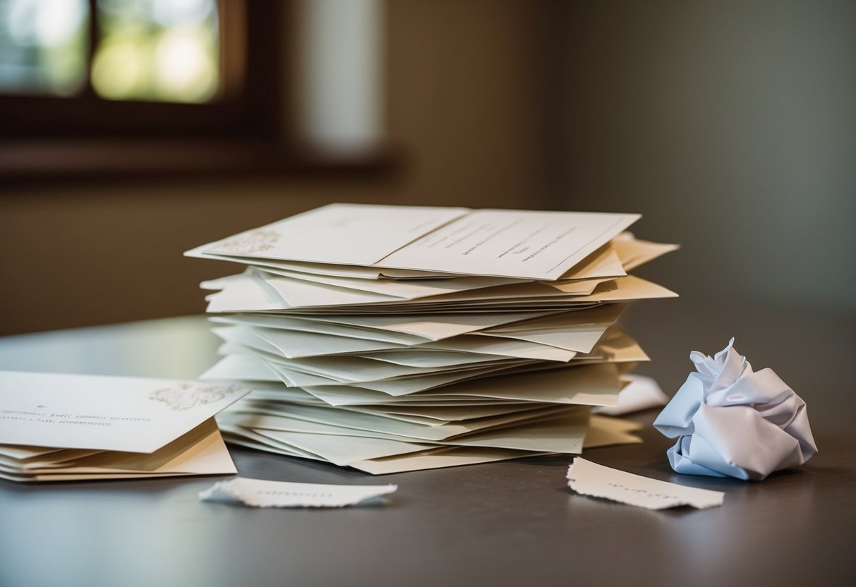 A stack of unopened wedding invitations sits on a table, some with torn edges and others crumpled in the corner