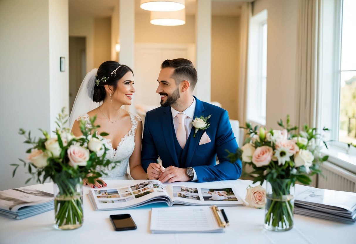 A bride and groom sit at a table with a planner, surrounded by wedding magazines, flowers, and a checklist