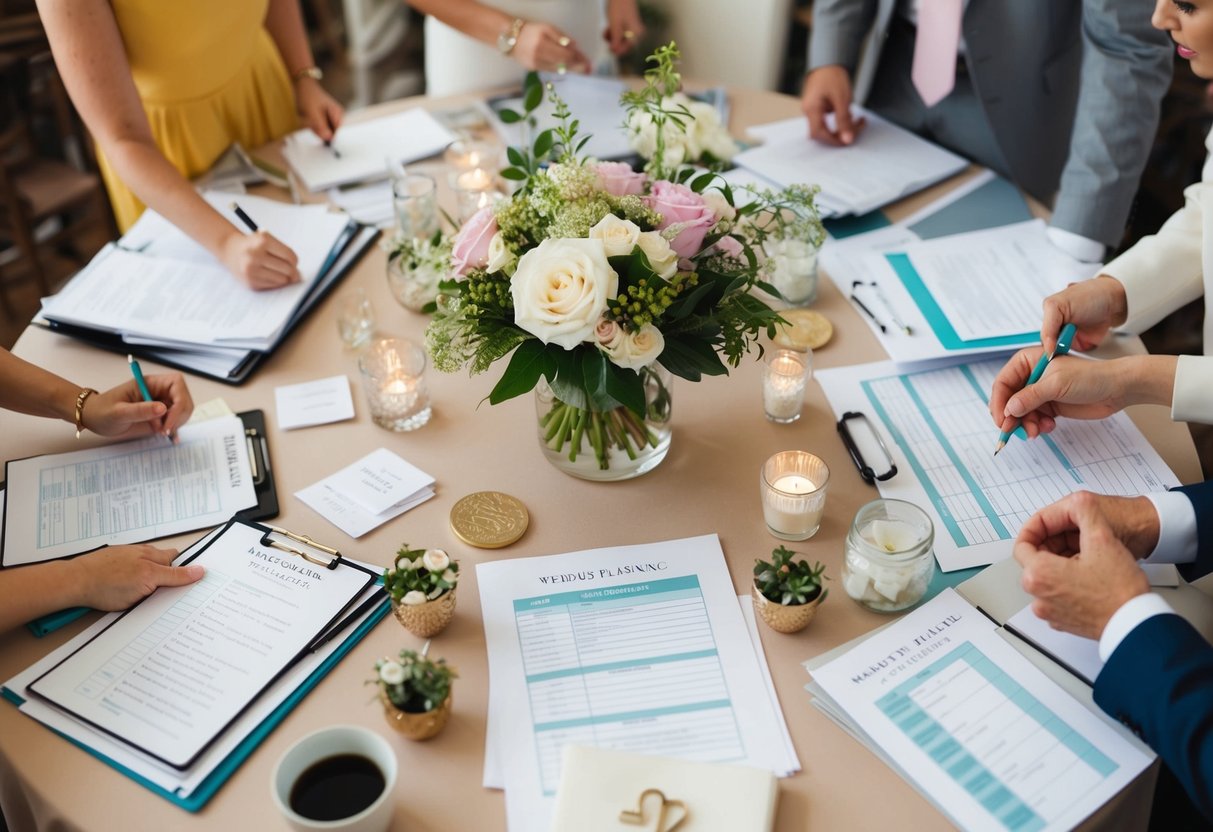 A table filled with wedding planning materials, from checklists to flower samples, surrounded by a flurry of activity as final preparations are made