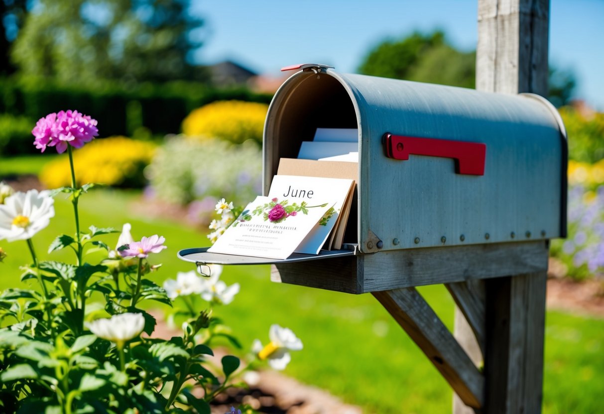A sunny garden with blooming flowers and a rustic mailbox filled with wedding invitations for June 2024