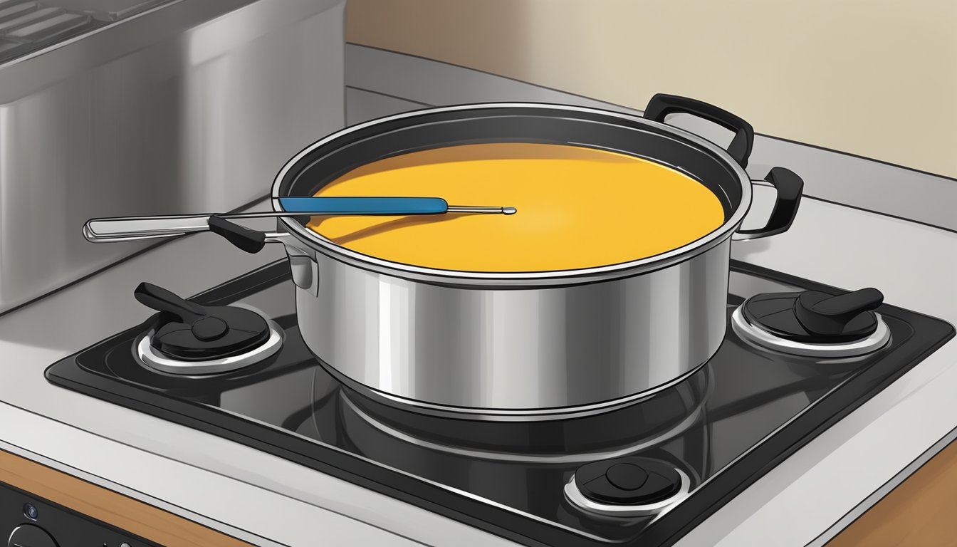 A pot of curried butternut squash soup being heated on a stovetop, with a digital food thermometer inserted to ensure it reaches the proper temperature for safe consumption