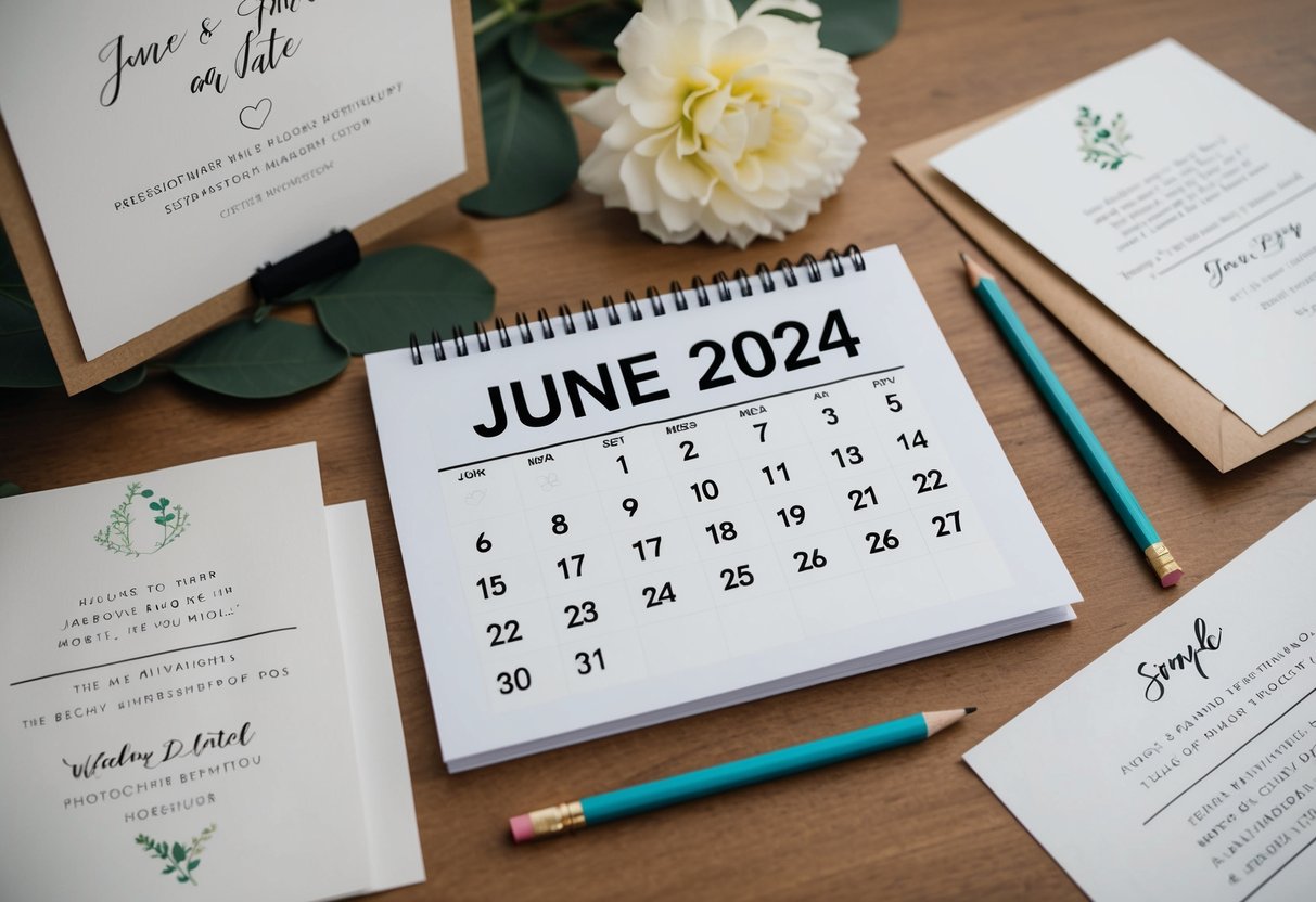 A calendar with the month of June 2024 highlighted, surrounded by wedding invitation mock-ups and a pencil marking the ideal mailing date