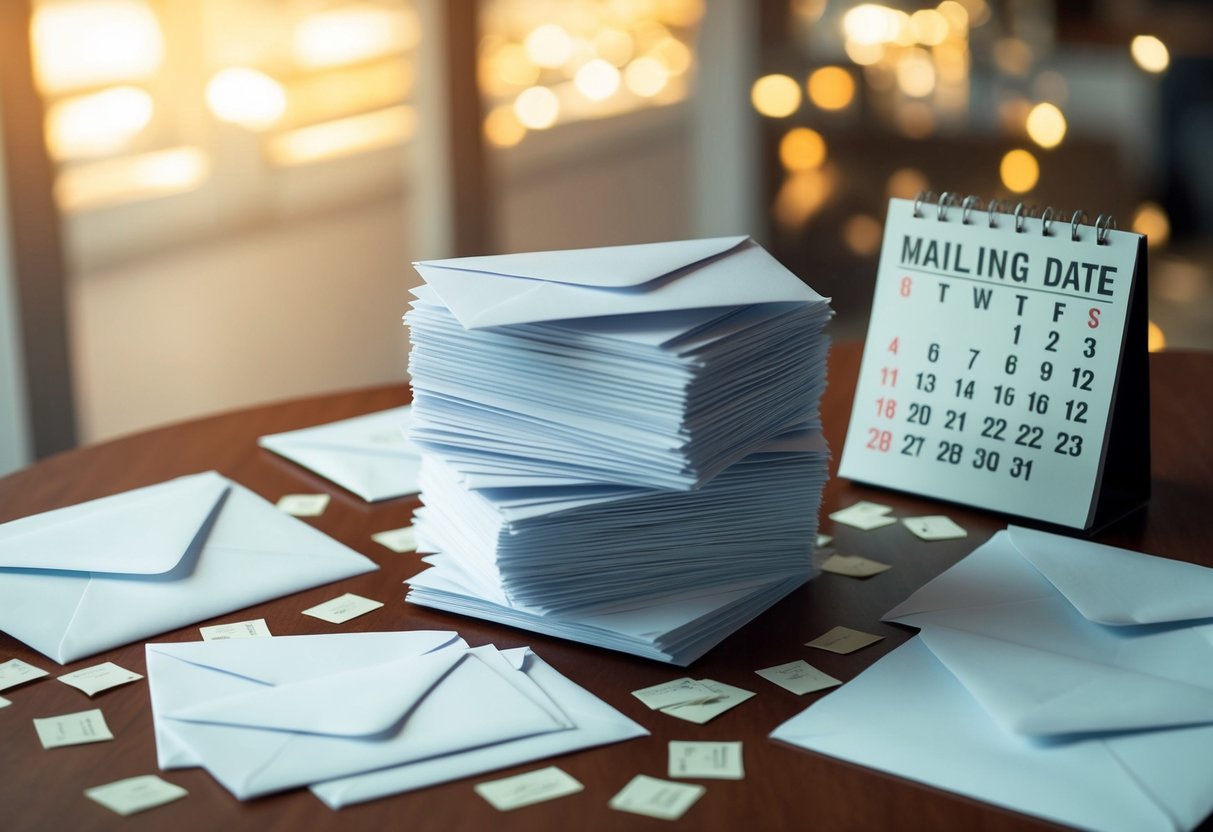 A stack of unmailed wedding invitations sits on a table, surrounded by scattered envelopes and a calendar showing the current date as four weeks past the ideal mailing date