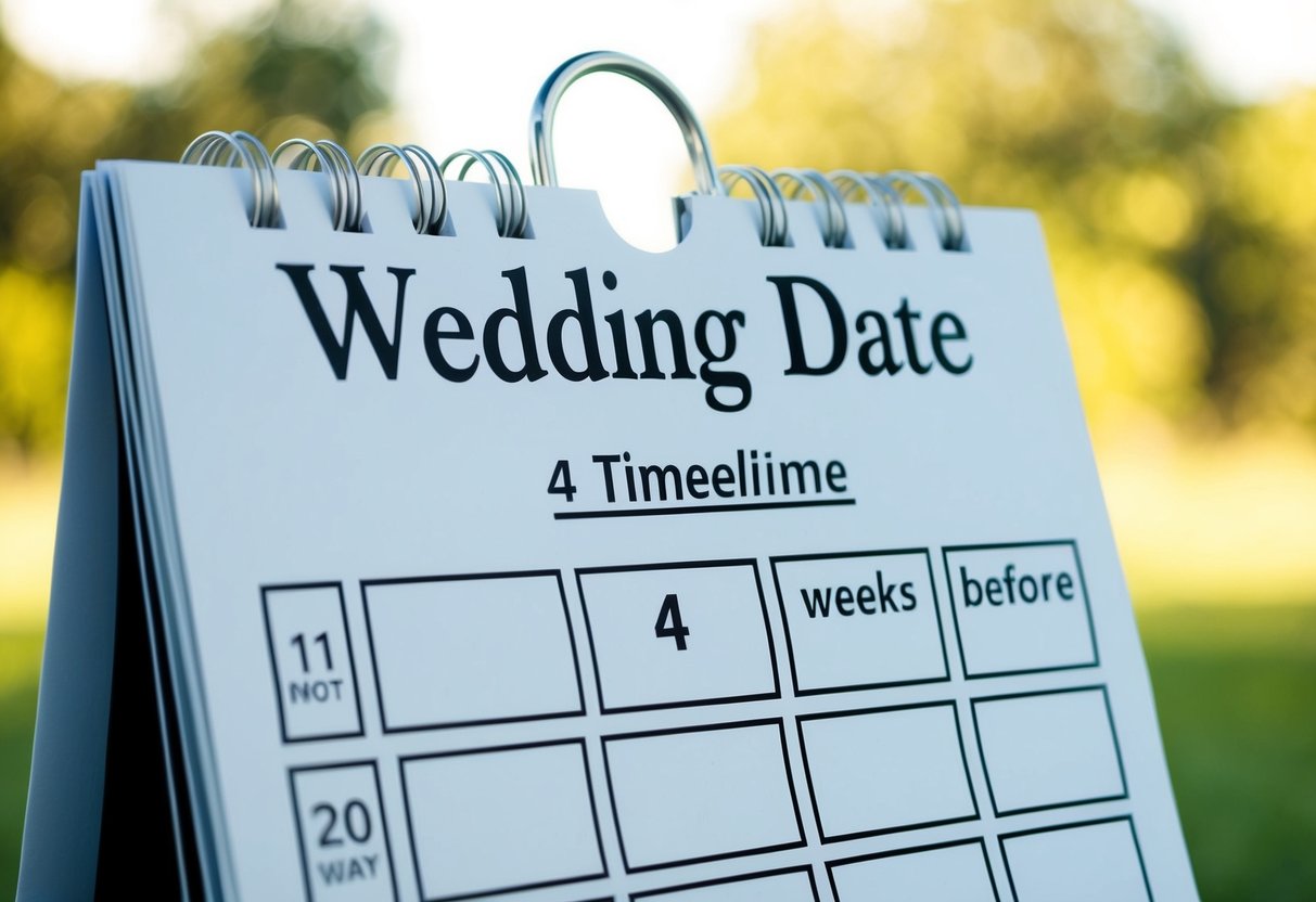 A calendar with a wedding date marked and a timeline showing 4 weeks before, indicating the ideal time to send out invitations