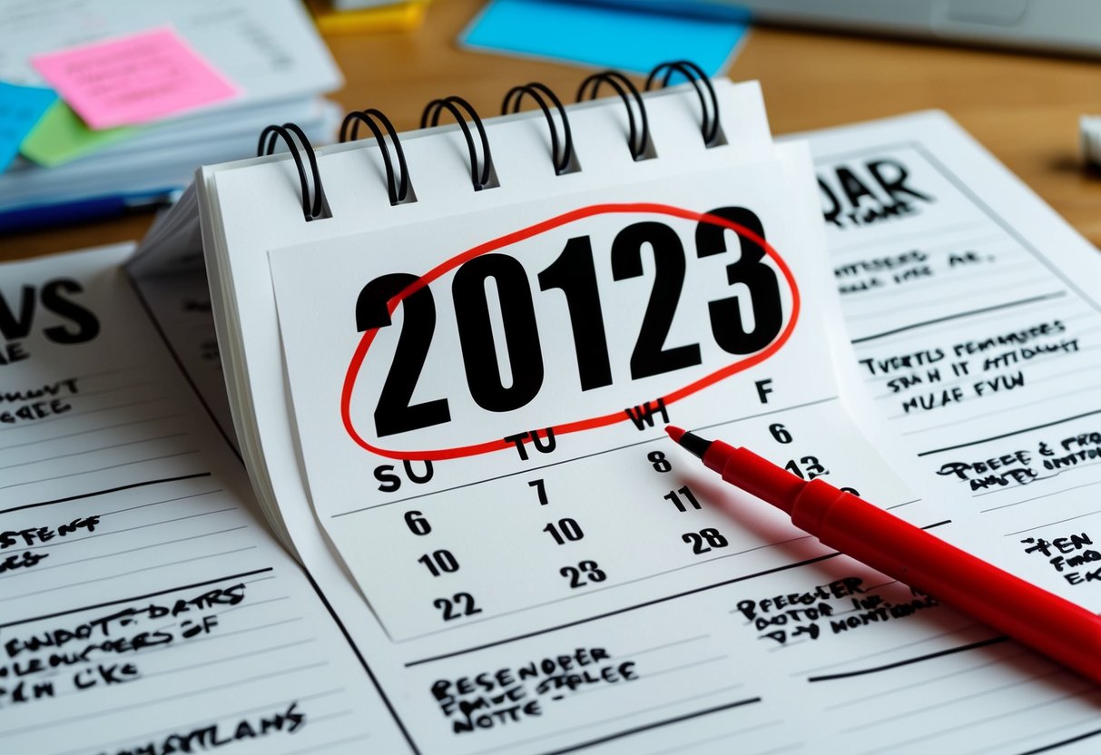 A calendar with the date six months in the future circled in red marker, surrounded by various event reminders and notes