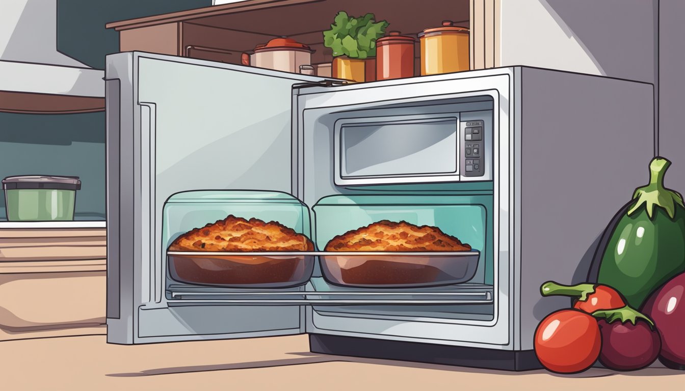 A glass container of eggplant parmesan sits in the fridge. A microwave and oven are nearby for reheating