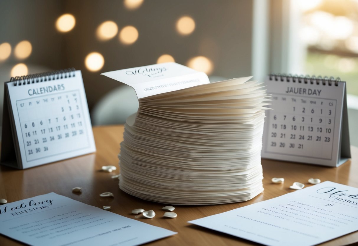 A stack of unopened wedding invitations sits on a table, surrounded by calendars showing the current date and the date of the wedding, with a sense of urgency and indecision in the air