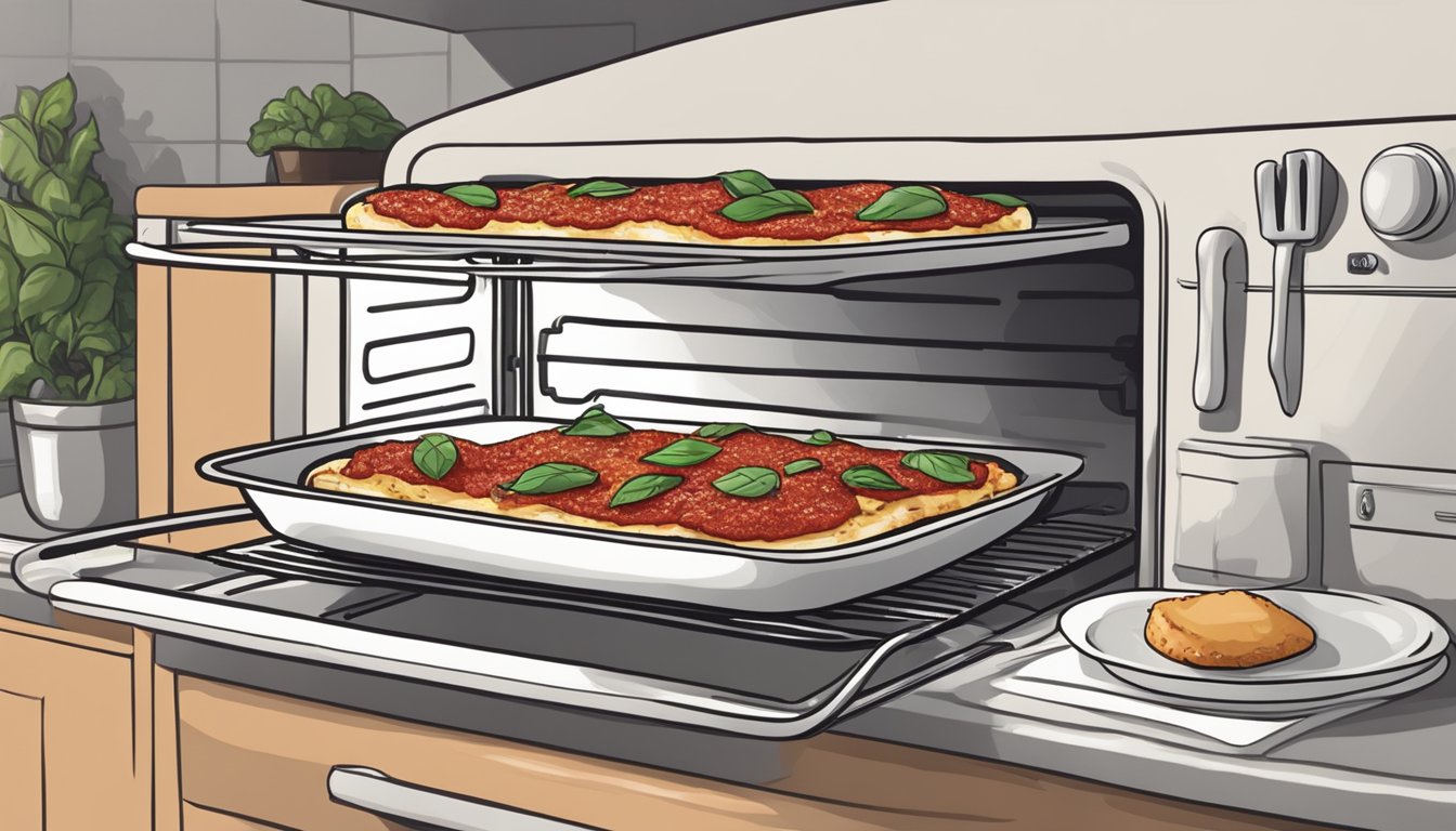 A plate of eggplant parmesan being placed in the oven