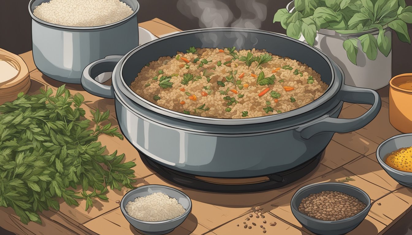 A steaming bowl of dirty rice sits on a stovetop, surrounded by herbs and spices being sprinkled over it. A pot of simmering broth is nearby, ready to be drizzled over the rice