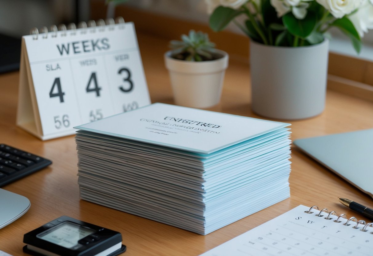 A stack of unmailed wedding invitations sits on a desk, surrounded by a calendar showing the date 4 weeks before the wedding