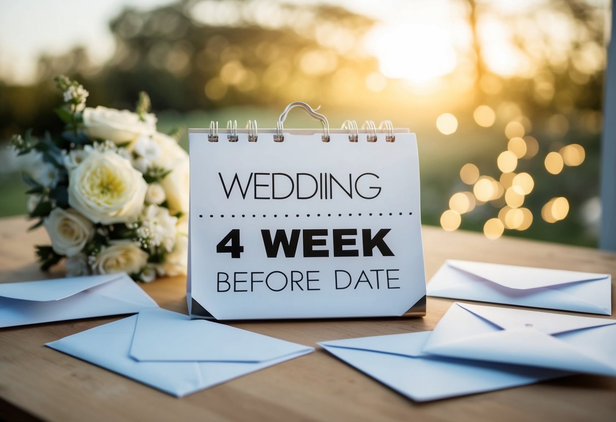 A calendar with a date 4 weeks before the wedding, surrounded by wedding invitation envelopes and a sense of urgency