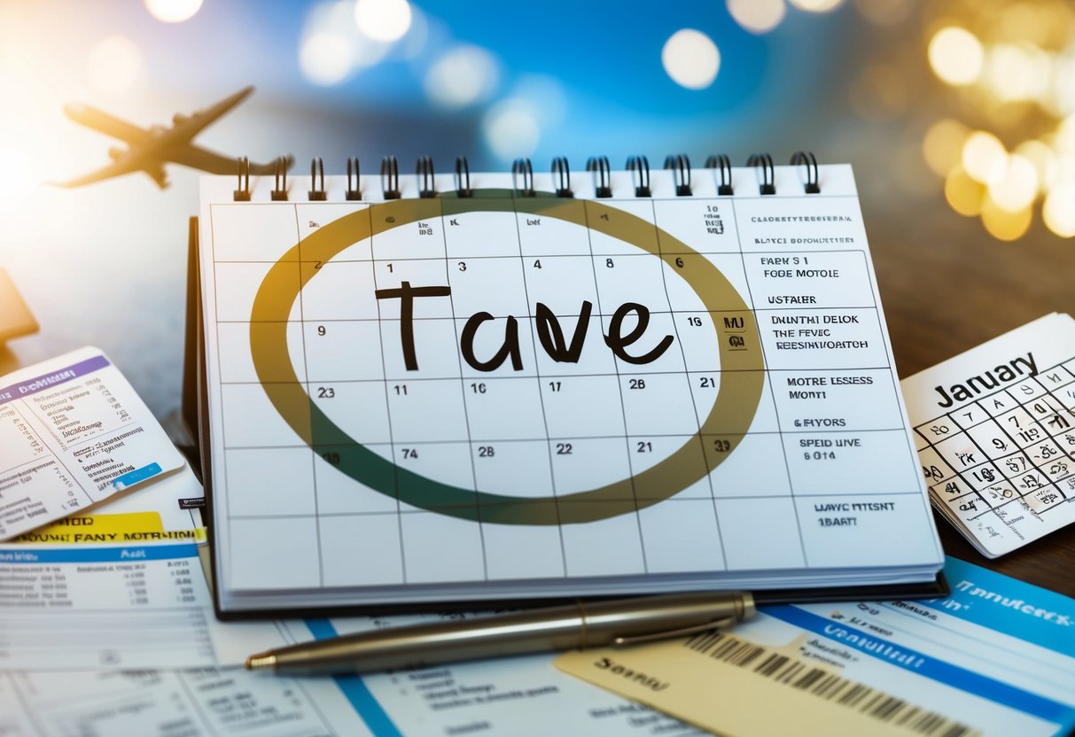 A calendar with the date six months in the future circled, surrounded by various travel and accommodation logistics such as plane tickets, hotel reservations, and event details