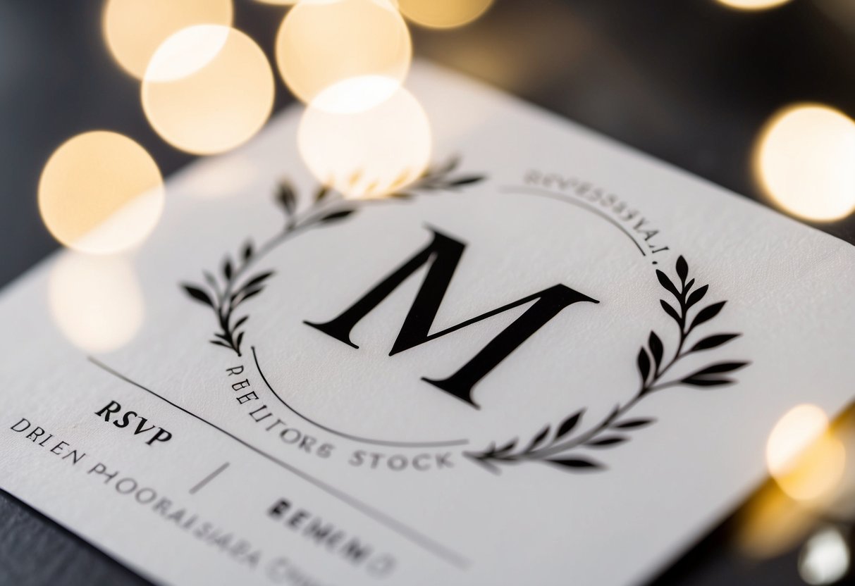 A close-up of an RSVP card with a prominent "M" surrounded by elegant design elements