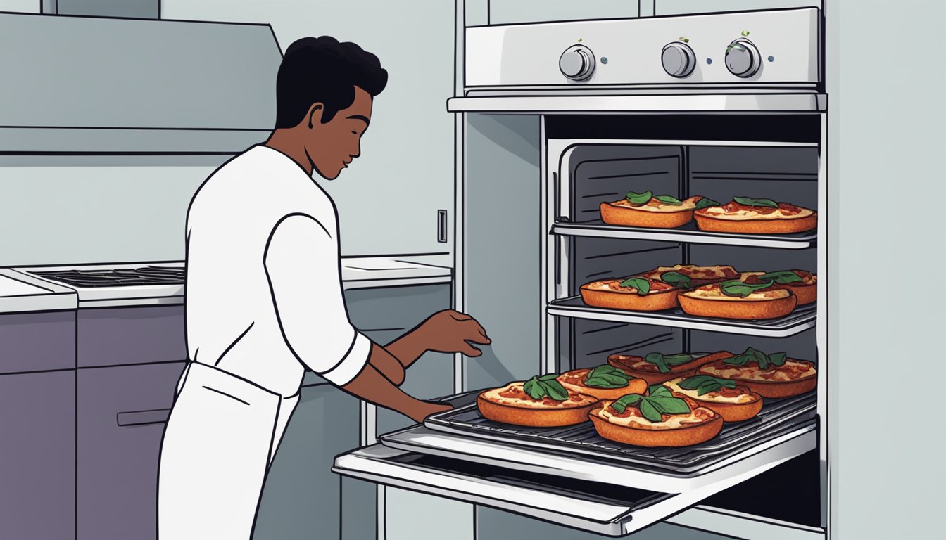 A person placing a tray of eggplant parmesan into a preheated oven