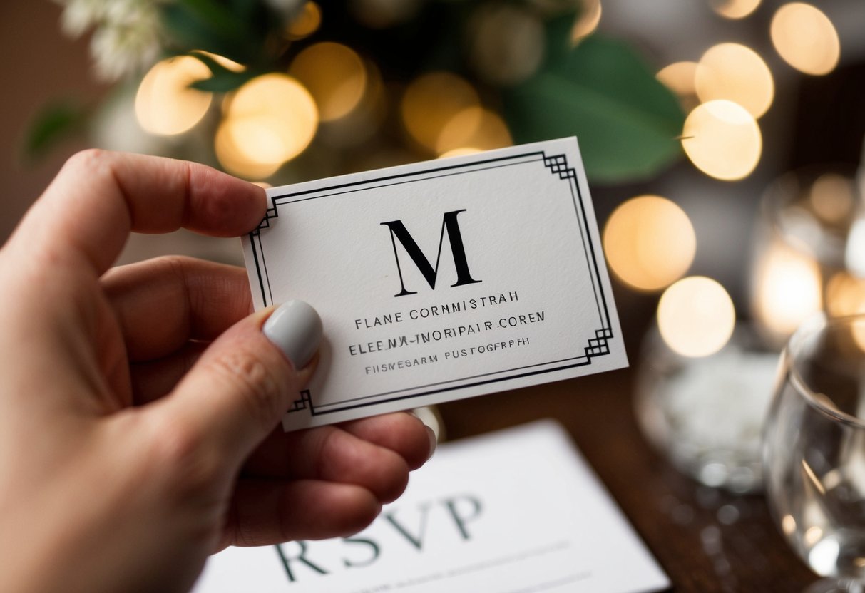 A hand holds an RSVP card, focusing on the elegant 'M' monogrammed in the corner
