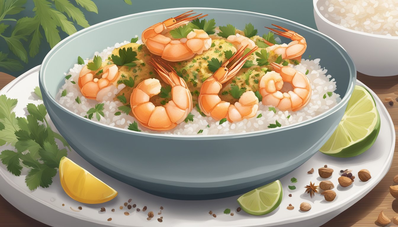 A steaming bowl of reheated curried shrimp sits on a bed of fluffy white rice, surrounded by fragrant spices and herbs