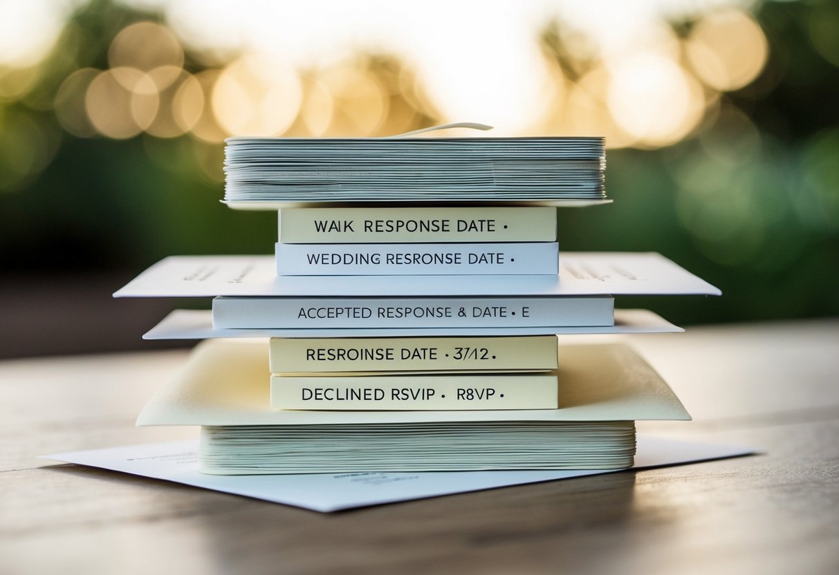 A stack of wedding invitations with varying response dates and a mix of accepted and declined RSVP cards
