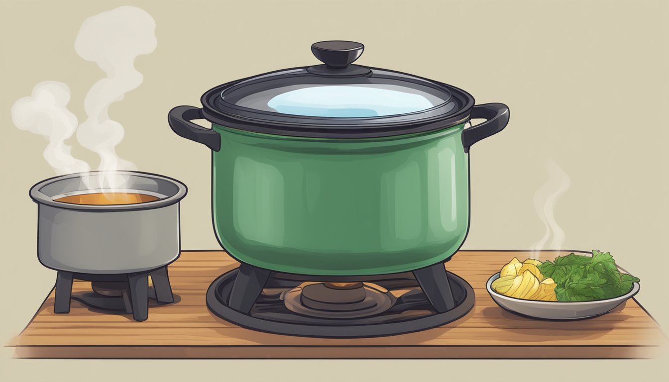 A pot of doro wat simmering on a stovetop, steam rising, with a wooden spoon resting on the side