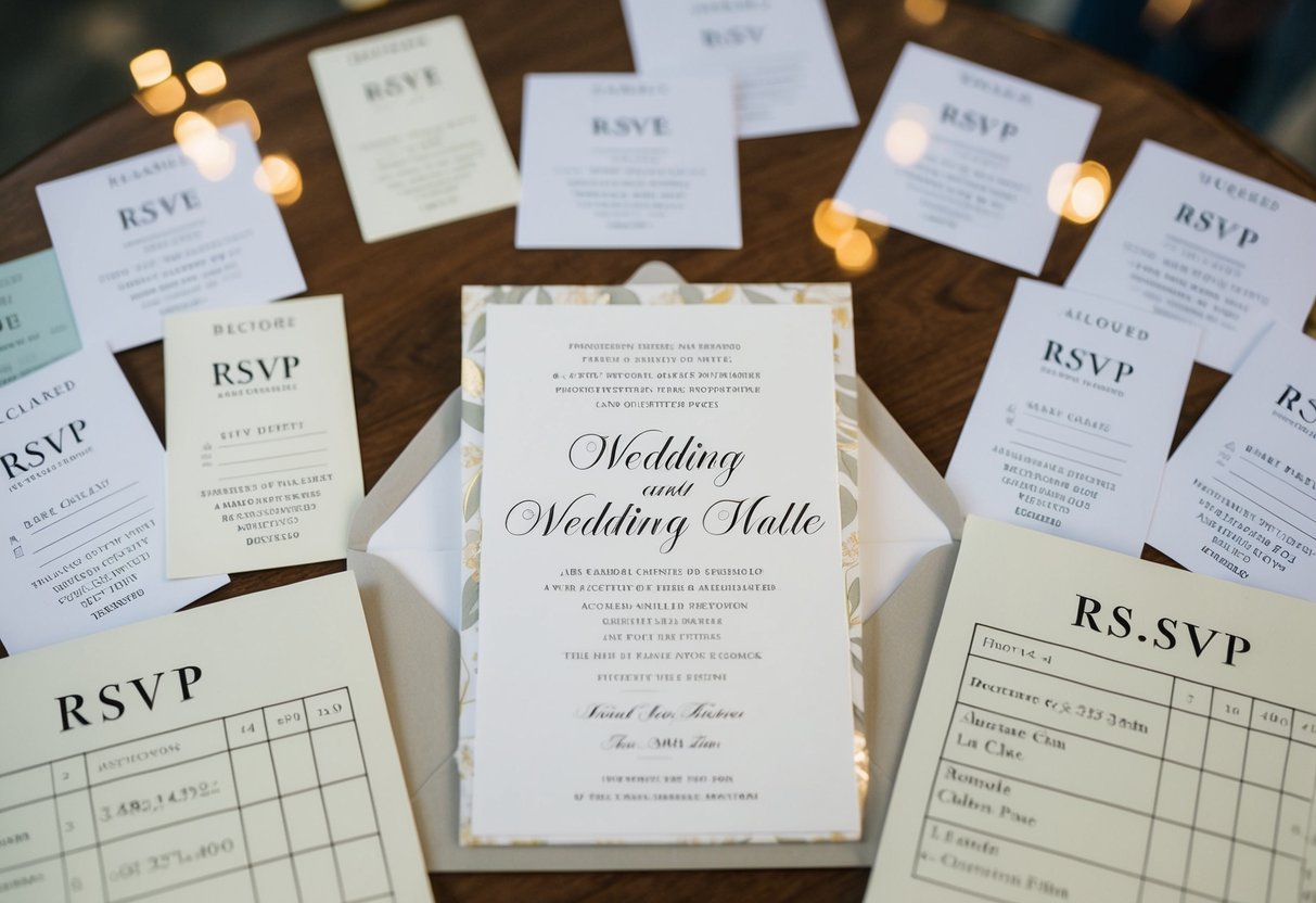 A wedding invitation surrounded by a mix of declined and accepted RSVP cards, with a tally of guests on a table