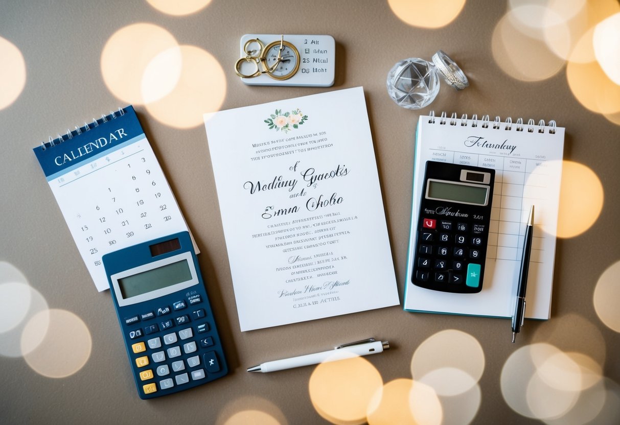 A wedding invitation surrounded by a calendar, calculator, and list of potential guests