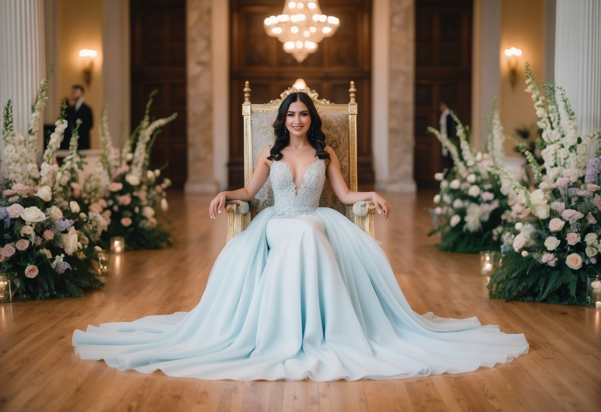 A woman in a flowing gown sits in a decorated chair at the front of a grand hall, surrounded by flowers and elegant decorations