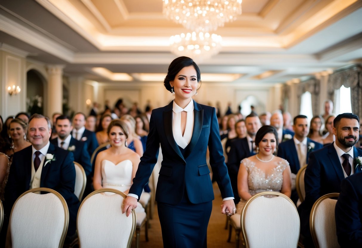 A woman in elegant attire is escorted to her seat in the front row of a beautifully decorated wedding venue