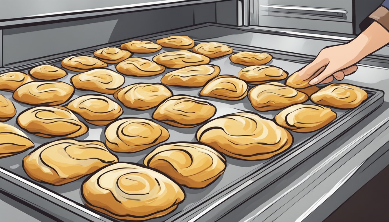 A fresh Danish pastry being placed on a baking sheet in a preheated oven